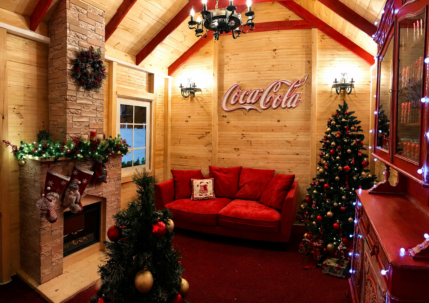 Innenansicht der gebrandeten Holzhütten-Lounge mit Coca-Cola-Schild, Kranz und roter Samt-Sitzecke am Kamin