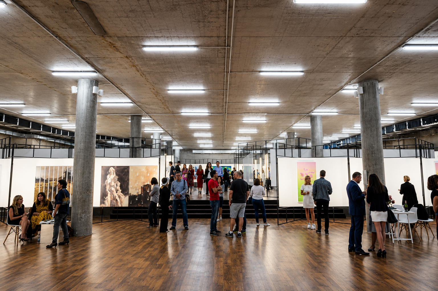 Besucher unterhalten sich in einer Ausstellungshalle mit Betonsäulen und großformatigen Gemälden