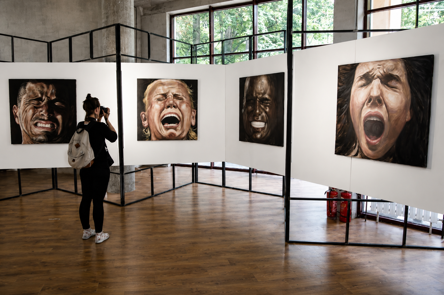 Besucherin fotografiert eine Wand mit gerahmten Porträtgemälden in einer temporären Trennwand-Galerie
