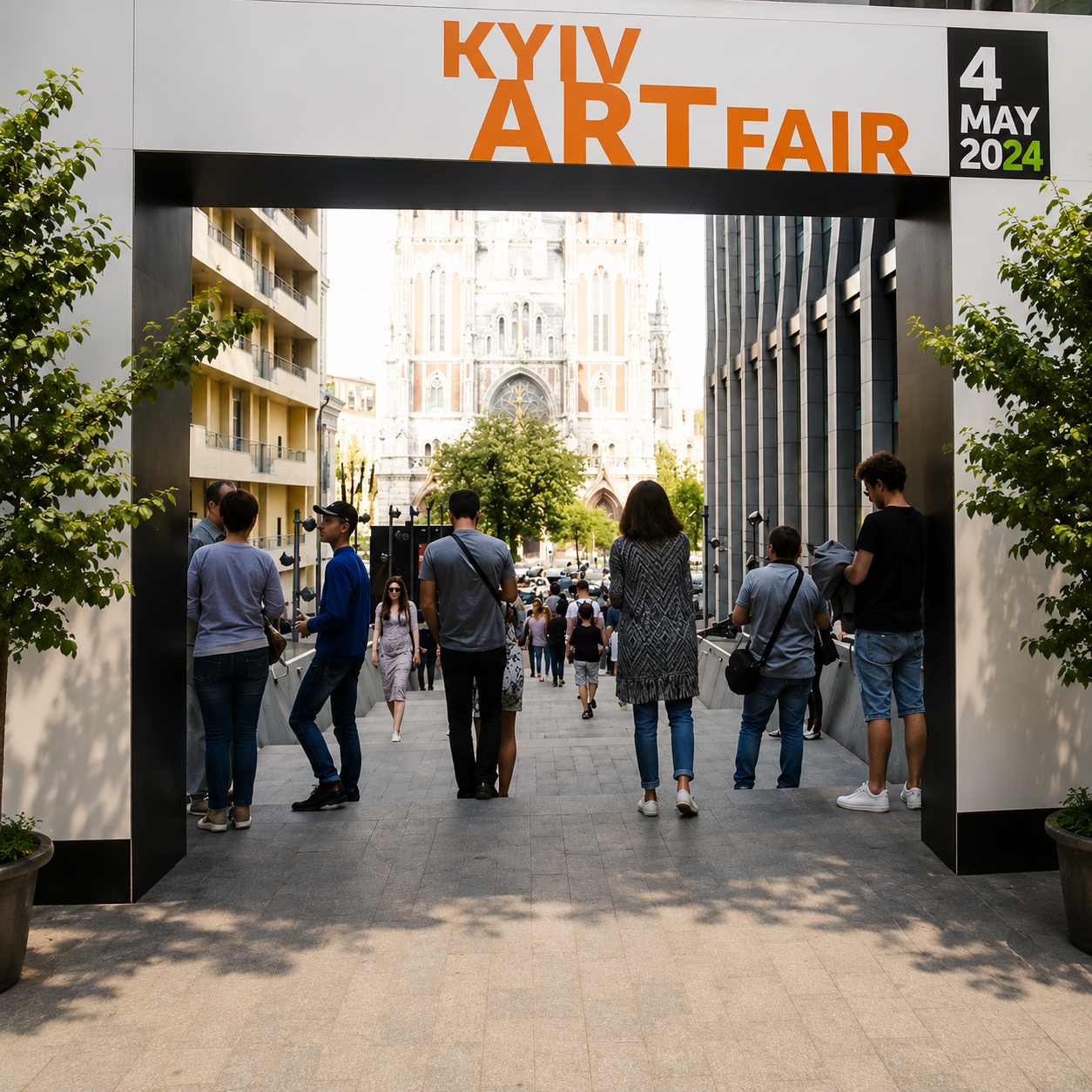 Eingangsbogen zur Kyiv Art Fair mit Festival-Beschilderung und Stadtsilhouette im Hintergrund