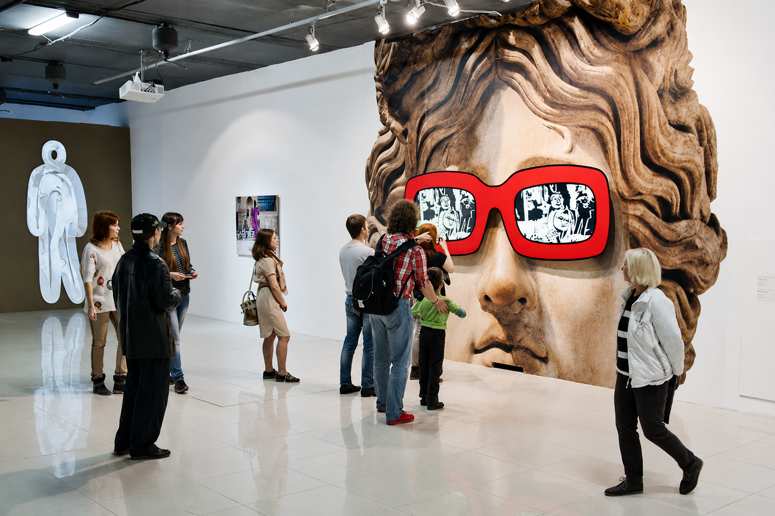Überdimensionales Wandmural eines skulpturalen klassischen Gesichts, Besucher betrachten es